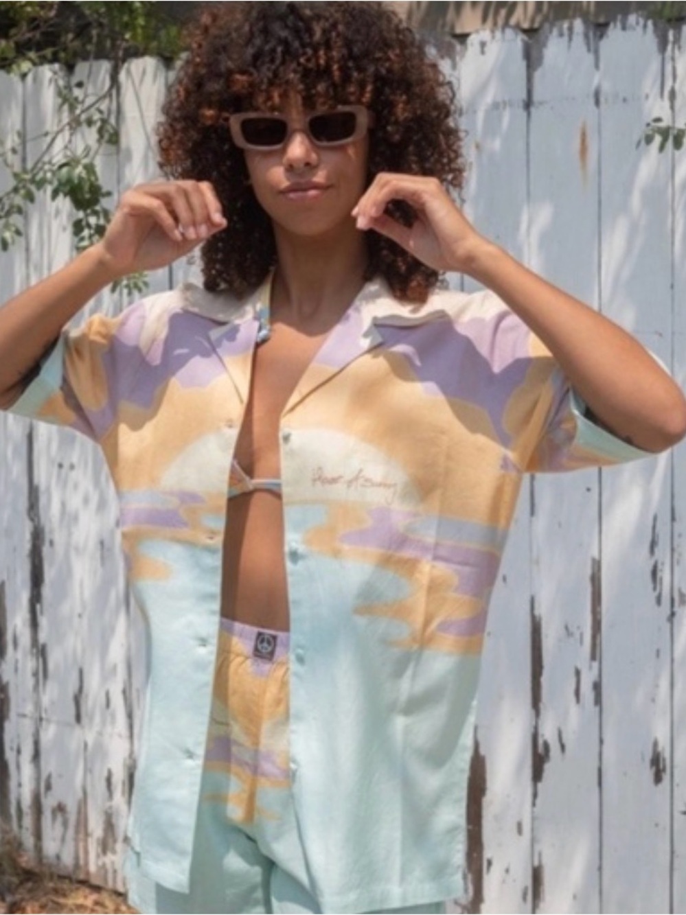 House of Sunny Pastel Cloud Print Button-Up Shirt — Yellow Lavender Mint
